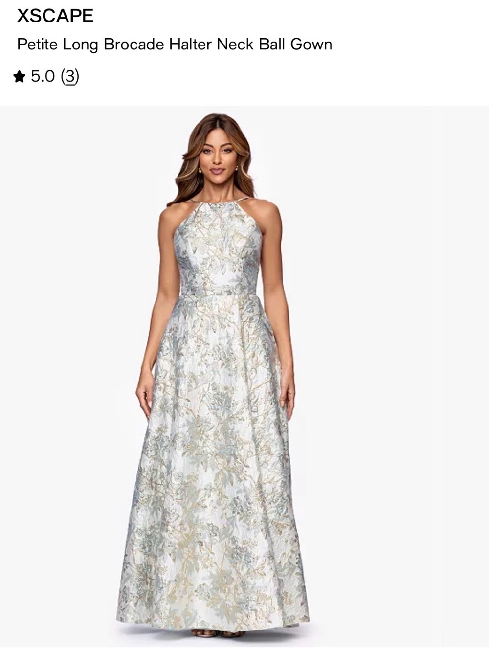 Xscape Blue and Gold Metallic Floral Halter Brocade Ball Gown